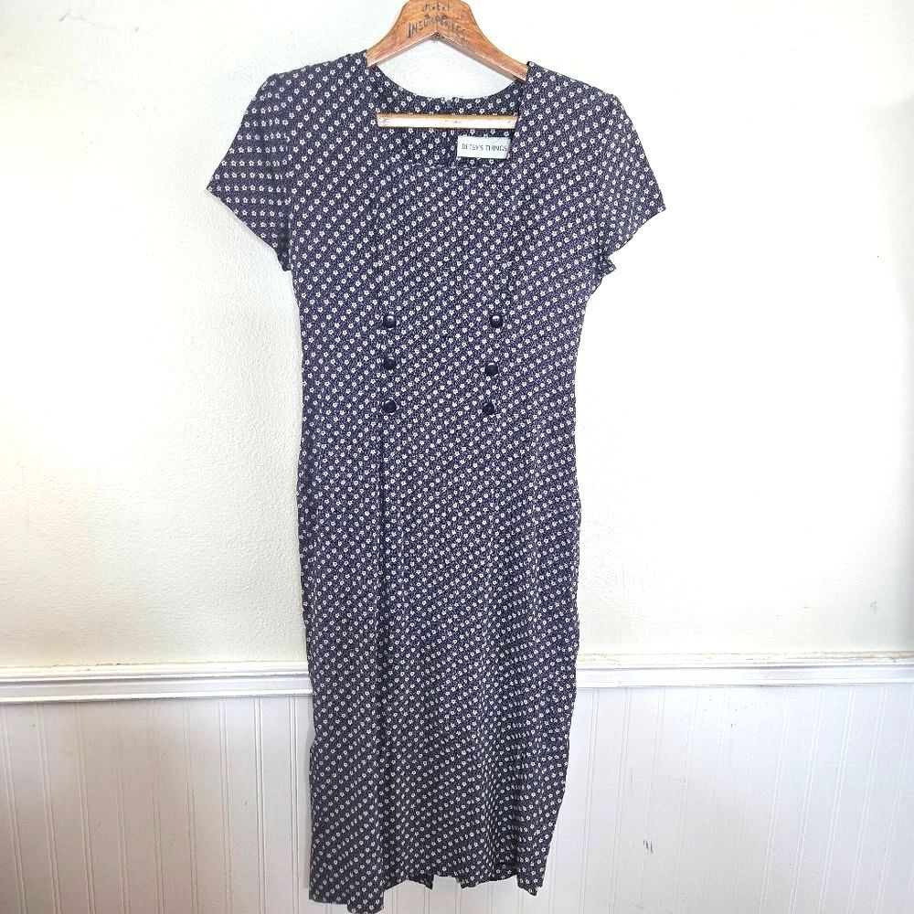 Women's Vintage Betsy's Things White Daisy Navy Polka Dot Form Fitting Dress
